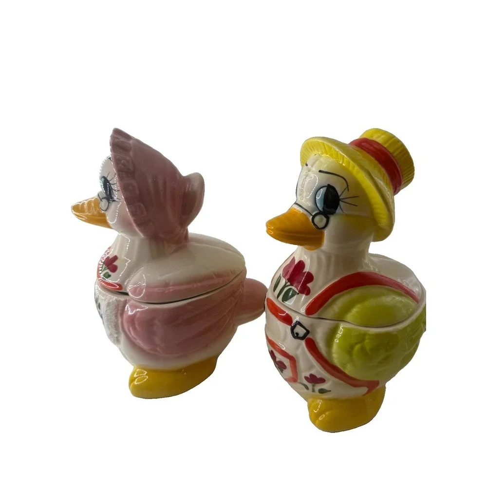 Vintage Duck Canister Cookie Jar Country Cottage Ceramic Mom Dad Ducks Lace Set